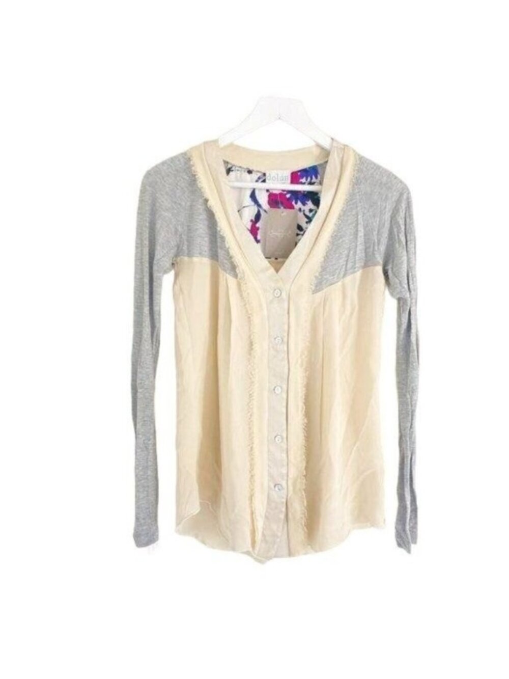 Dolan Silk Blend Button Down Top With Contrast Fabric & Frayed Neck Detail